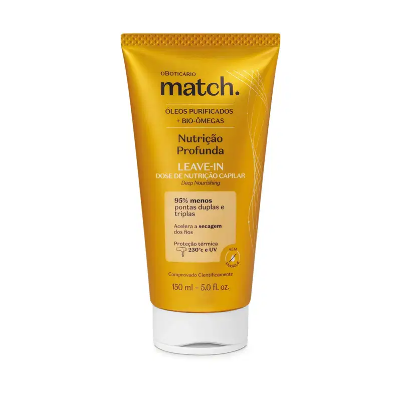 Imagem de uma bisnaga dourada contendo o leave-in da marca Match. Nutrição Profunda. A embalagem tem a tampa branca, seu  rótulo possui detalhes em amarelo com as letras pretas e ela traz 150ml de produto.
