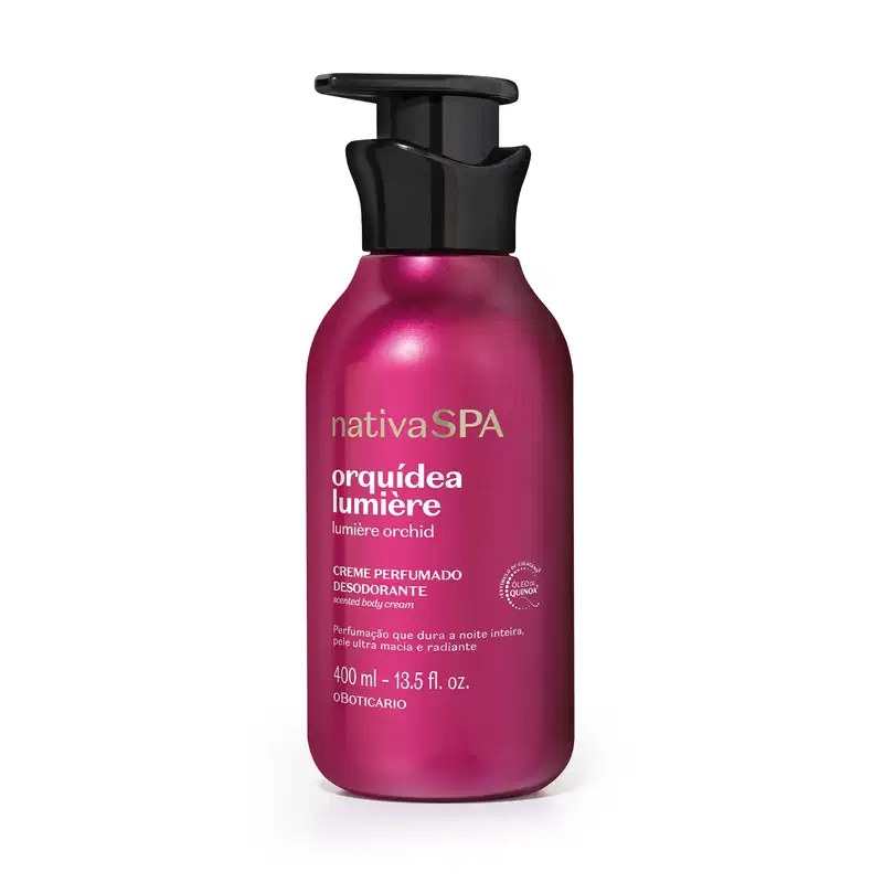 Embalagem pump de 400ml de creme corporal perfumado da marca Nativa SPA Orquídea Lumière, com cor rosa vibrante e tampa preta, com informações sobre o produto escritas em branco no rótulo.