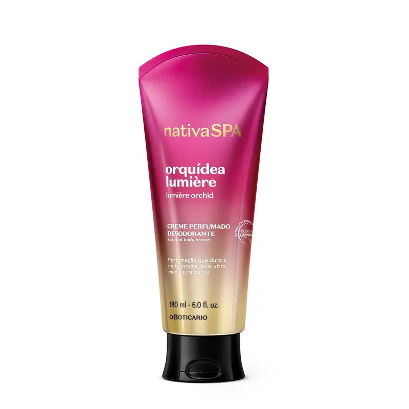 Bisnaga de creme corporal perfumado da marca Nativa SPA Orquídea Lumière, com cores em degradê de rosa e dourado, com tampa preta e informações sobre o produto escritas em branco no rótulo.