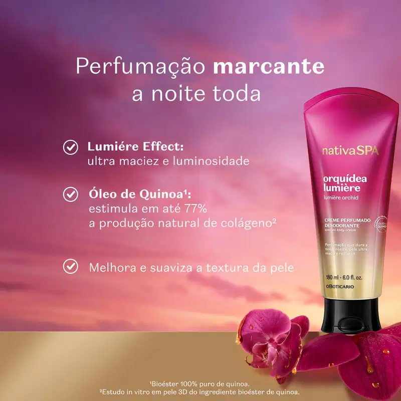 Bisnaga de creme corporal perfumado da marca Nativa SPA Orquídea Lumière com flores de orquídea ao redor no canto da imagem. O cenário sugere céu rosa e laranja ao fundo, com um texto escrito em branco destacando perfumação marcante a noite toda.