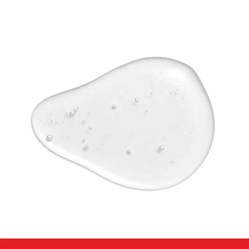 Textura transparente e brilhante com pequenas bolhas de ar, aparentando consistência gelatinosa, sobre superfície lisa e plana.