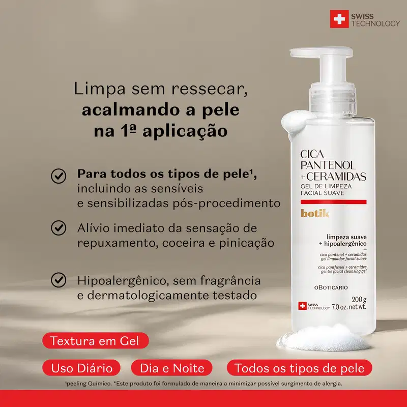 Embalagem de gel de limpeza facial da marca Botik Cica Pantenol e Ceramidas sobre superfície bege, com texto descrevendo seus benefícios e indicações de uso.