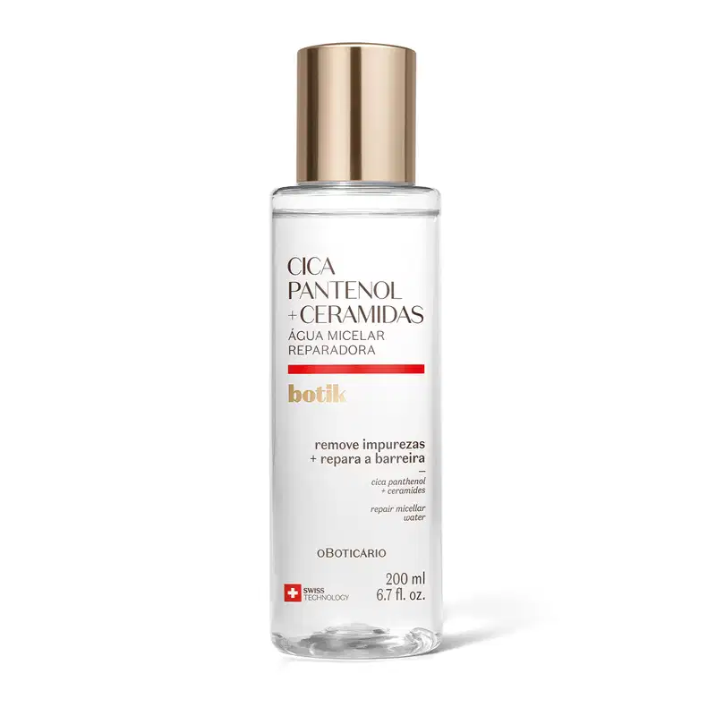 Frasco de 200ml de água micelar reparadora da marca Botik Cica Pantenol e Ceramidas, em embalagem transparente com líquido claro, tampa prateada e rótulo com detalhe vermelho contendo informações sobre ingredientes Cica Pantenol e Ceramidas.