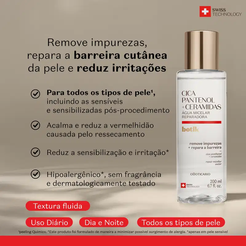 Embalagem de água micelar reparador da marca Botik Cica Pantenol e Ceramidas sobre superfície bege, com texto informativo sobre os benefícios do produto.