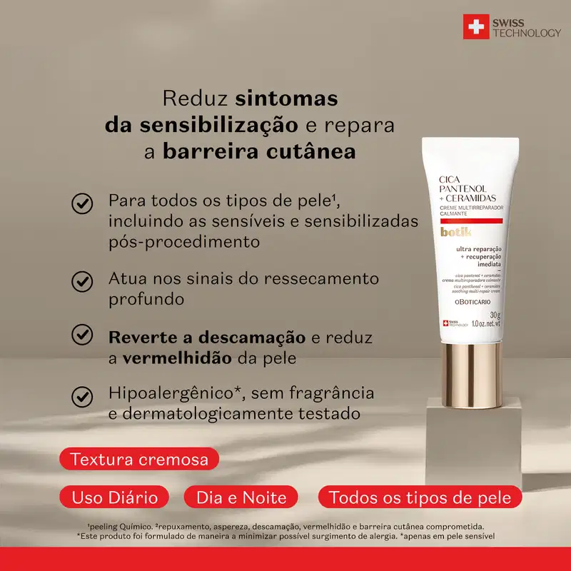 Embalagem de creme multirreparador da marca Botik Cica Pantenol e Ceramidas sobre superfície bege, com texto informativo sobre os benefícios do produto para diferentes tipos de pele.