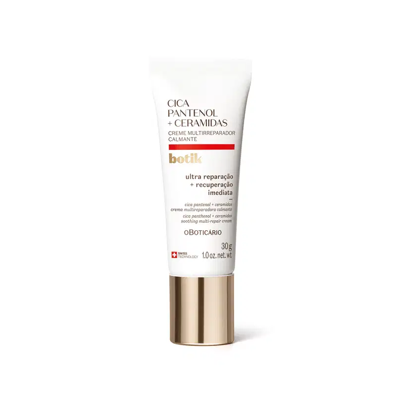 Creme multireparador calmante da marca Botik Cica Pantenol e Ceramidas, em embalagem de bisnaga branca de 30g com detalhes vermelho e tampa dourada