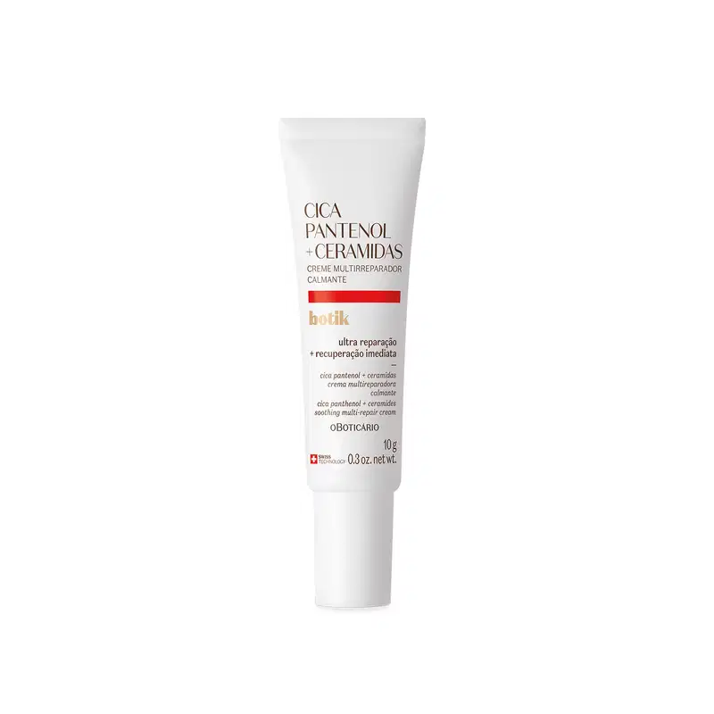 Imagem de uma bisnaga branca com letras pretas e detalhe vermelho contendo 10 ml de creme facial multirreparador calmante da marca Botik Cica Pantenol E Ceramidas.