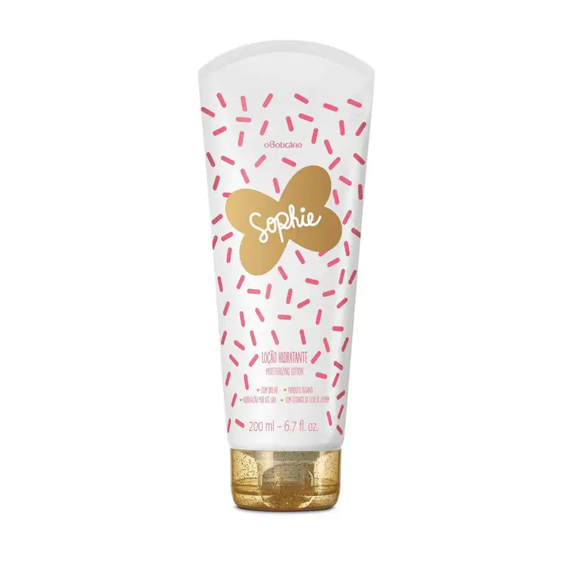 Loção hidratante Sophie em bisnaga branca com padrão de traços rosa, borboleta dourada no centro e tampa dourada, trazendo 200ml do produto.
