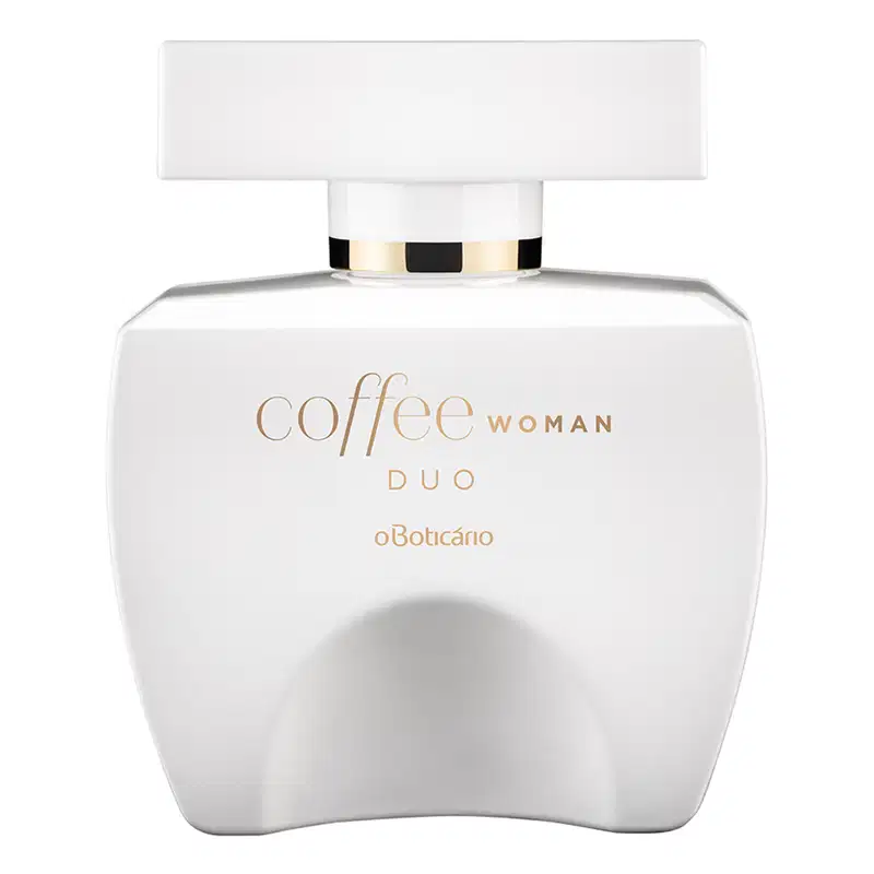 Vidro branco em formato quadrado com tampa da mesma cor em formato retangular, detalhes e letras douradas, contendo 100ml de desodorante colônia Coffee Woman Duo.