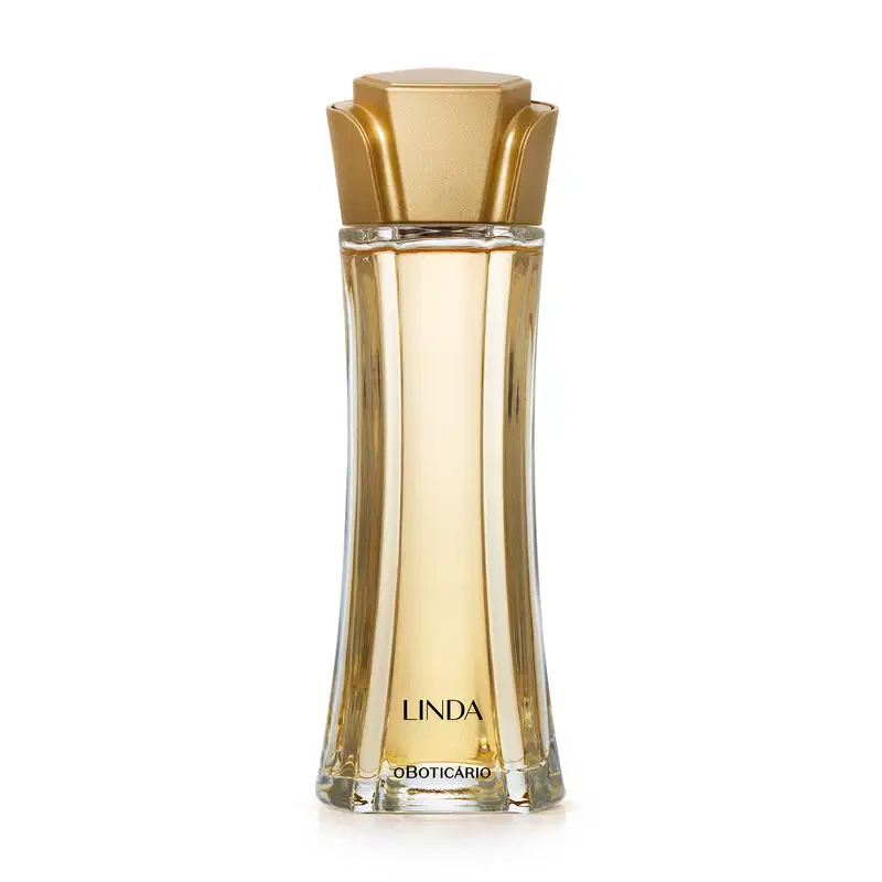 Vidro alongado com líquido bege e tampa dourada em forma de flor contendo 100ml de desodorante colônia da marca Linda.