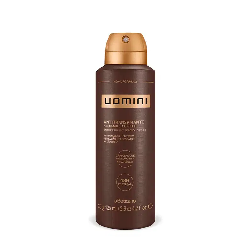 Frasco marrom com tampa e letras douradas contendo 75g/125ml de desodorante antitranspirante aerossol da marca Uomini.