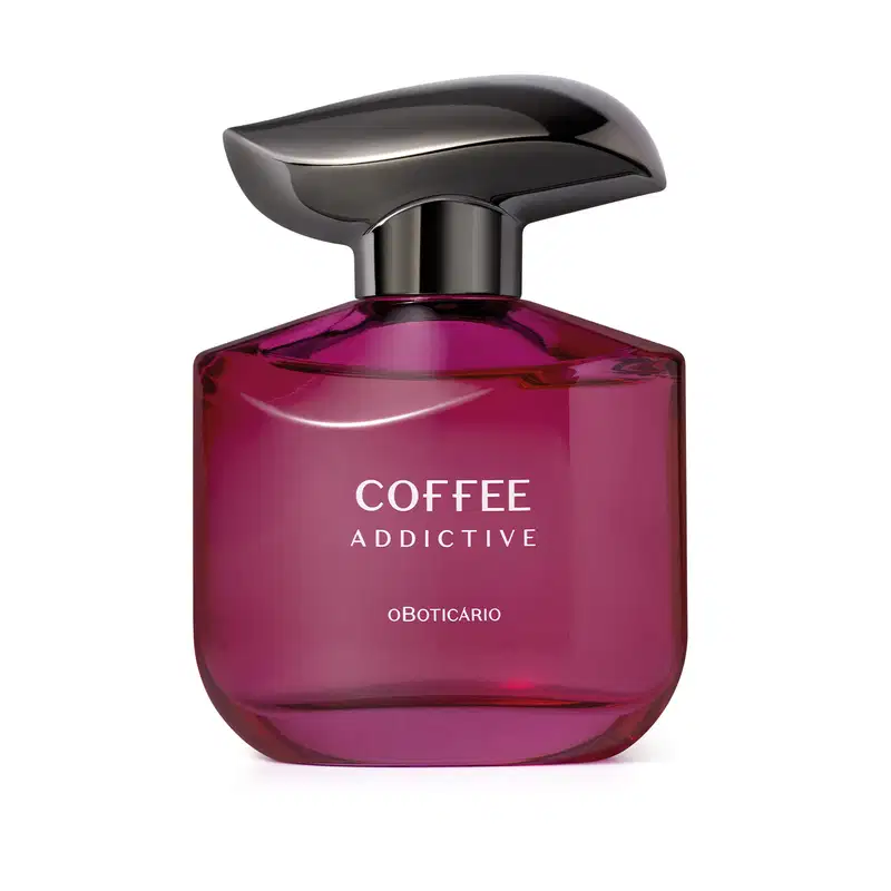 Imagem de um frasco de desdoorante colônia da marca Coffee Woman Addictive, com tonalidades de roxo, cantos arredondados e  rótulo em branco. A embalagem possui um design moderno que sugere um produto sofisticado e elegante.