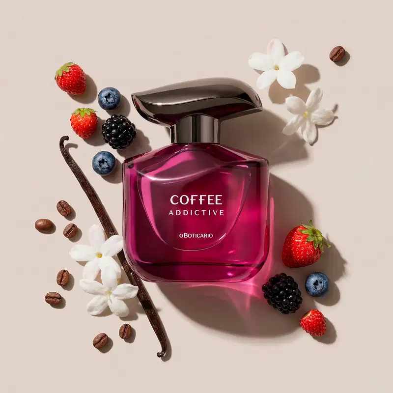 Imagem do desodorante colônia Coffee Woman Addictive de fragrância de café com notas frutadas e florais, em embalagem de design moderno e elegante, rodeada por ingredientes naturais como frutas e flores, sugerindo experiência sensorial sofisticada.