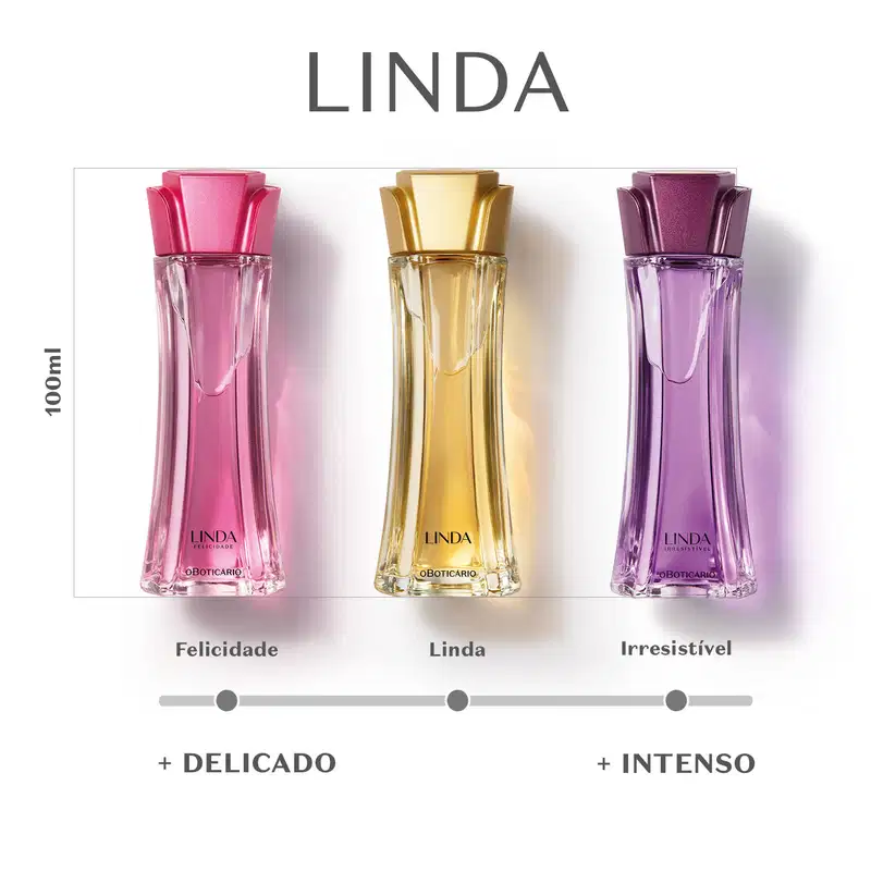 Três vidros de desodorante colônia da marca Lily em cores e linhas diferentes. Eles estão em fundo branco com régua de intensidade entre as fragrâncias.