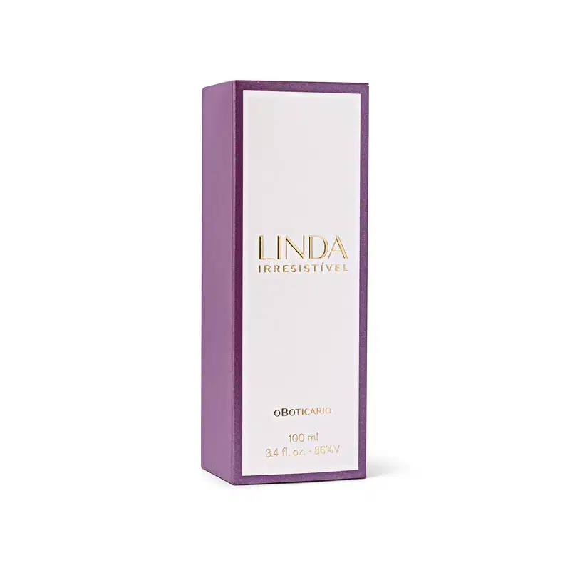 Caixa branca com lateral roxa e letras douradas contendo um vidro de 100ml de desodorante colônia Linda Irresistível.