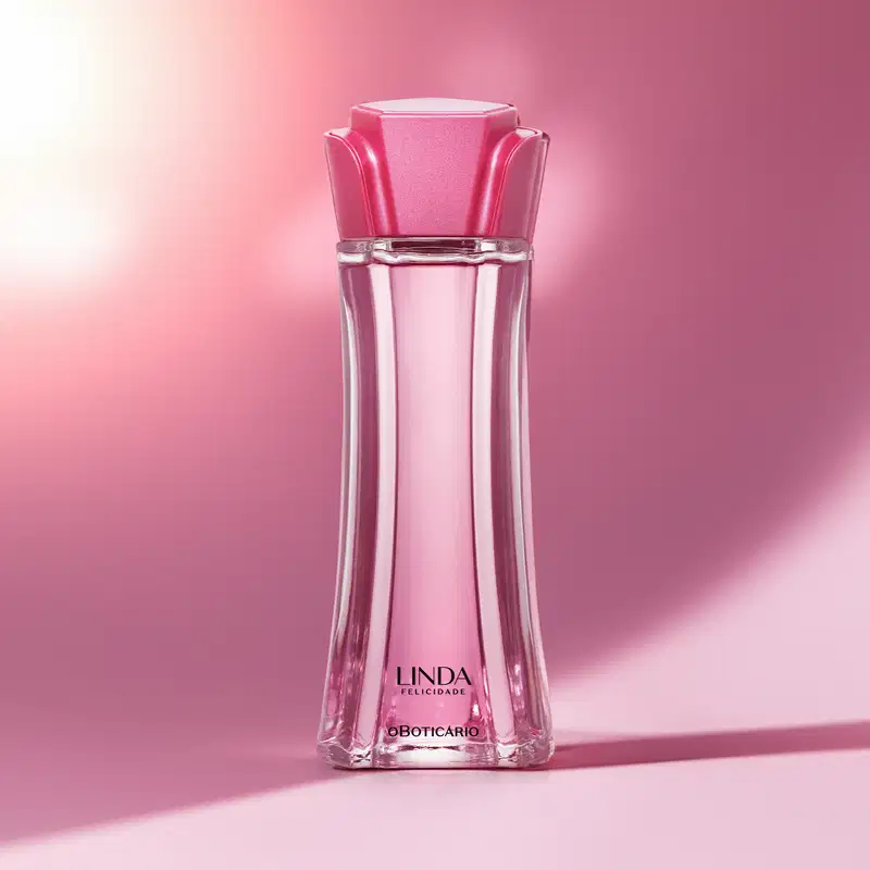 Frasco de vidro longo e transparente com líquido rosa e tampa rosa em formato de flor contendo 100ml de desodorante colônia Linda Felicidade em fundo em tons de roxo e lilás.