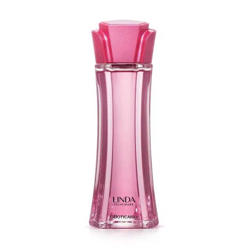 Frasco de vidro longo e transparente com líquido rosa e tampa rosa em formato de flor contendo 100ml de desodorante colônia Linda Felicidade.