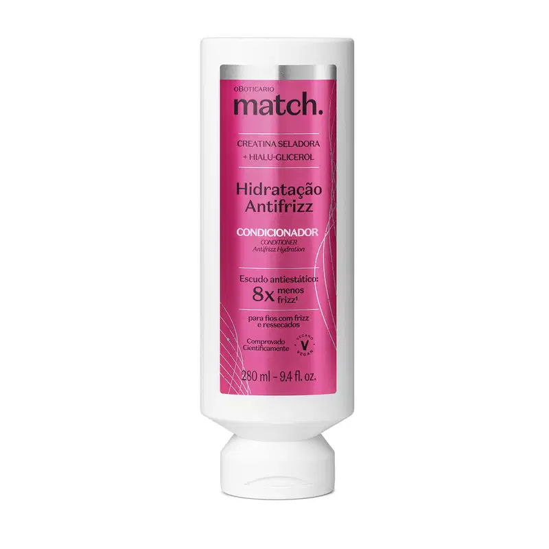 Frasco branco com rótulo lilás metalizado e letras pretas e brancas contendo 280ml de condicionador da marca Match Hidratação Antifrizz.