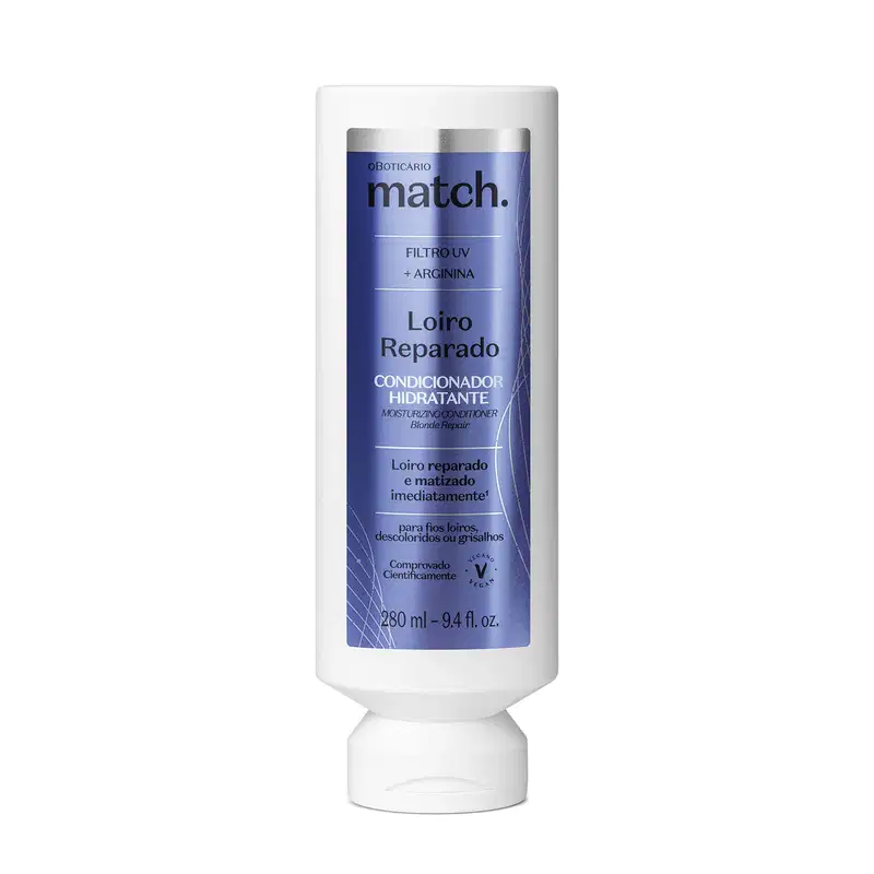 Frasco branco com rótulo azul metalizado e letras pretas e brancas contendo 280ml de condicionador hidratante da marca Match Loiro Reparado.