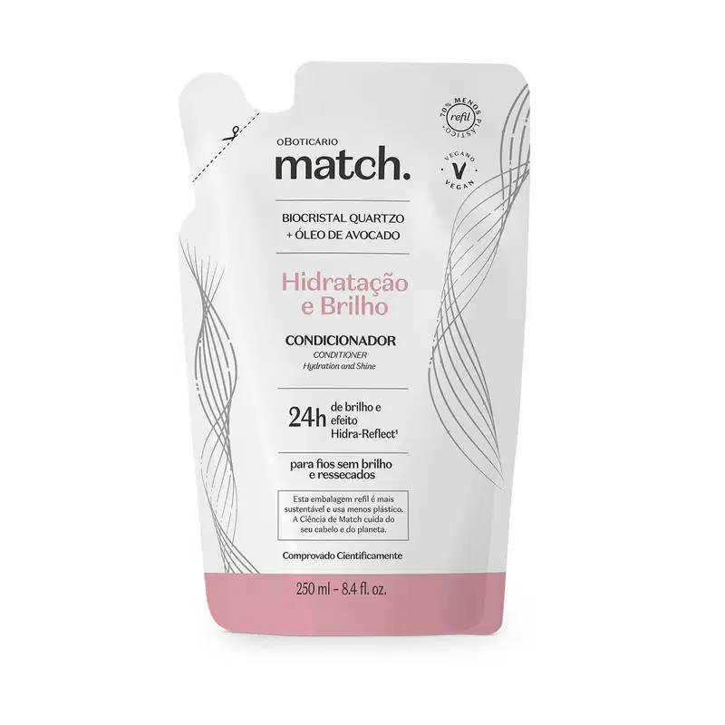 Refil de condicionador Match Hidratação e Brilho em sachê de 250ml nas cores rosa e branca com letras pretas.