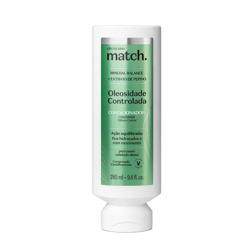 Frasco branco com rótulo verde metalizado e letras pretas e brancas contendo 280ml de condicionador da marca Match Oleosidade Controlada.