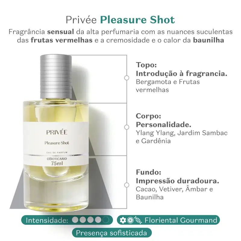 Vidro cilíndrico transparente com líquido amarelado, tampa prata e rótulo branco com letras pretas de Eau de Parfum Privée Pleasure Shot em fundo branco om letras verdes informando sobre a fragrância e suas notas olfativas.