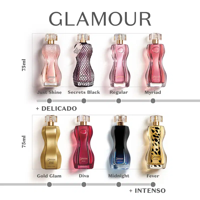 Oito frascos Glamour de 75ml dispostos em duas linhas: superior com Just Shine, Secrets Black, Regular e Myriad em tons rosa e preto; inferior com Gold Glam, Diva, Midnight e Fever em cores dourada, vermelha, preta e estampada, sobre fundo branco.