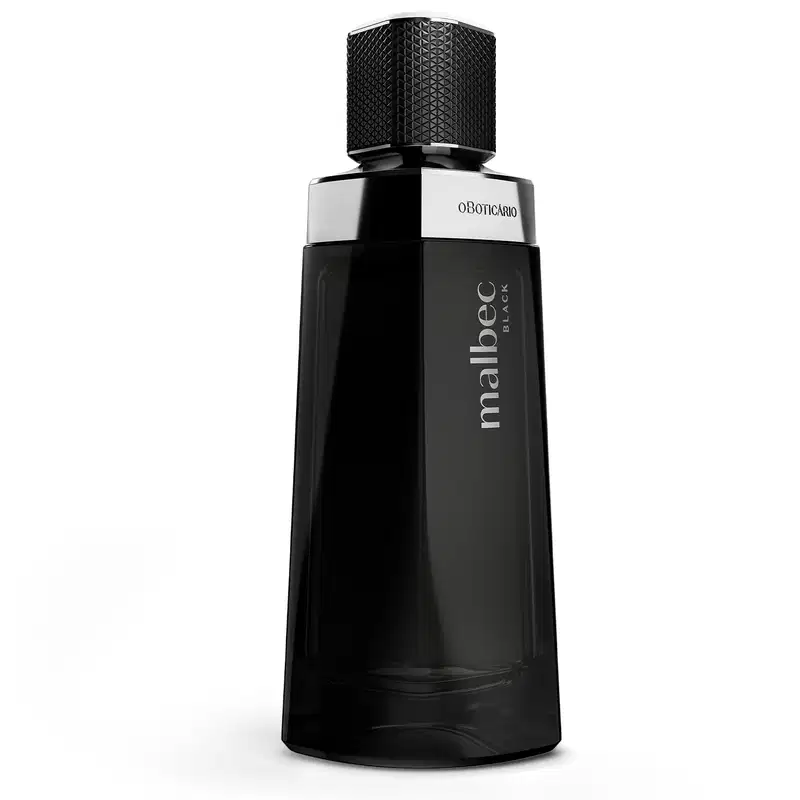 Fragrância da marca Malbec Black. O frasco é predominantemente preto, com um design geométrico e angular. O frasco possui uma tampa preta na parte superior, com um design também geométrico. A embalagem transmite uma imagem elegante e sofisticada.