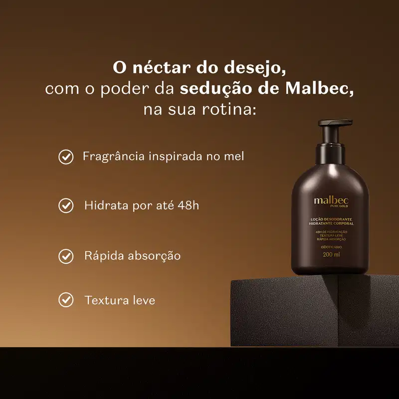 Imagem de um frasco de loção hidratante corporal Malbec sobre superfície escura, com texto descrevendo suas características e benefícios em fundo marrom.