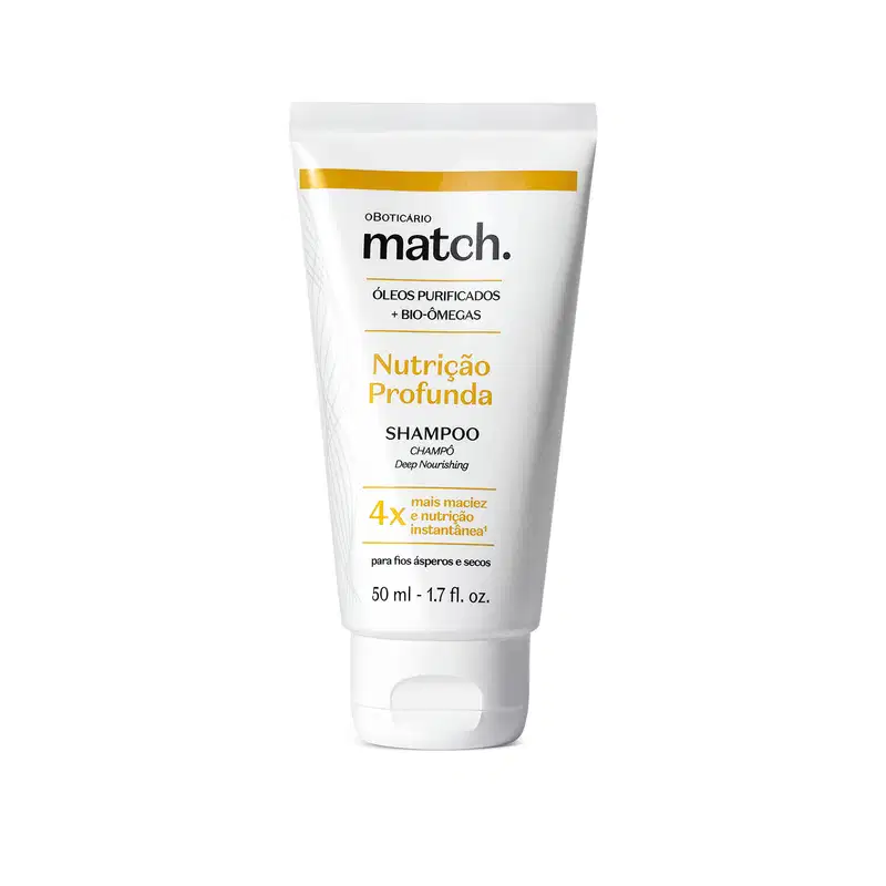 Shampoo em bisnaga branca com pequena faixa amarela na parte superior e texto impresso sinalizando a marca Match e atributos do produto, como "Nutrição Profunda", indicaçã para cabelos ásperos e secos, e informações sobre ativos.