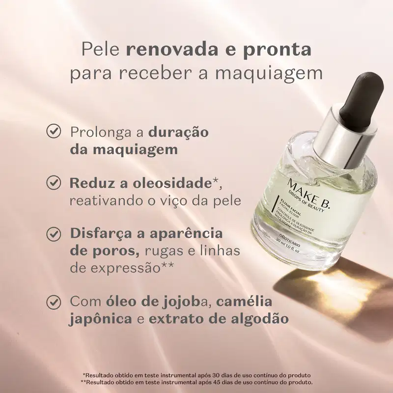 Elixir facial da marca Make B. Drops of Beauty em frasco transparente com um conta-gotas preto no topo. O produto está em fundo bege e contém texto em preto informando as características e benefícios do produto.