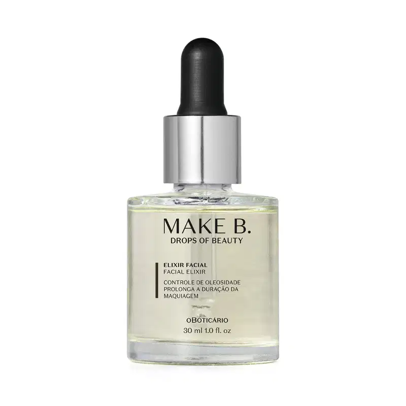 O produto mostrado na imagem é um elixir facial da marca Make B. Drops of Beauty. O frasco é de vidro transparente com um conta-gotas preto no topo. O rótulo do produto apresenta a marca e informações sobre o produto em português.