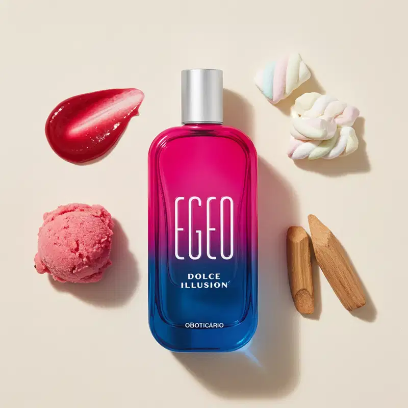 Imagem de um recipiente rosa e azul com rótulo "Egeo Dolce Illusion" em fundo bege, cercado por elementos relacionados à fragrância como sorvete rosa, marshmallows e flores brancas e palitos de madeira.