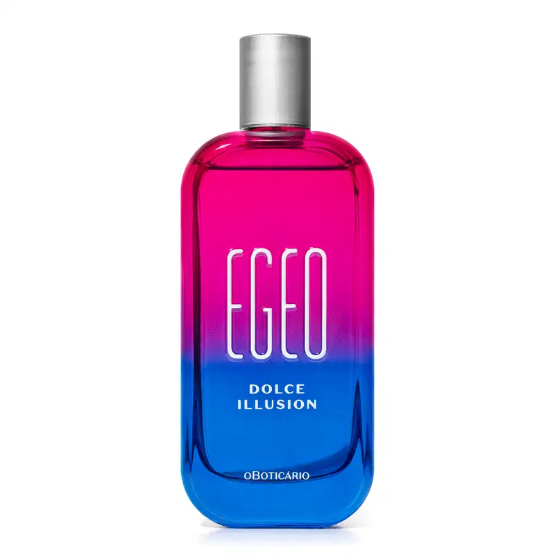 Imagem de um recipiente de vidro rosa e azul, com tampa prateada e rótulo em branco exibindo "Egeo Dolce Illusion". A embalagem traz 90ml de produto. Sugere uma fragrância moderna e jovial.