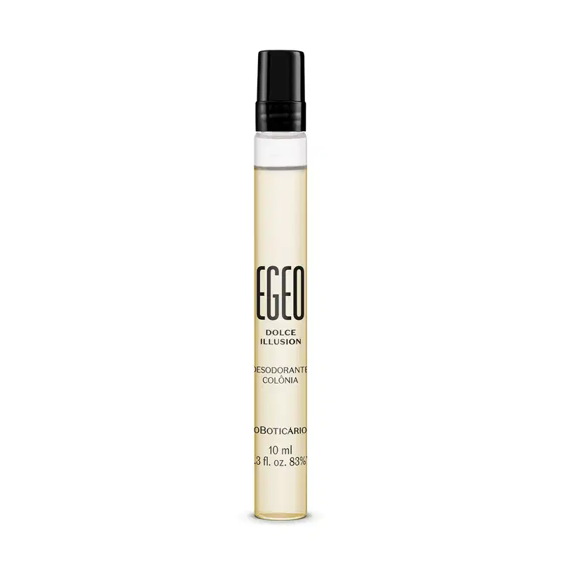 Imagem de um frasco cilíndrico de 10ml contendo desodorante colônia Egeo Dolce Illusion. A embalagem é transparente com líquido claro, e traz tampa e rótulo pretos.