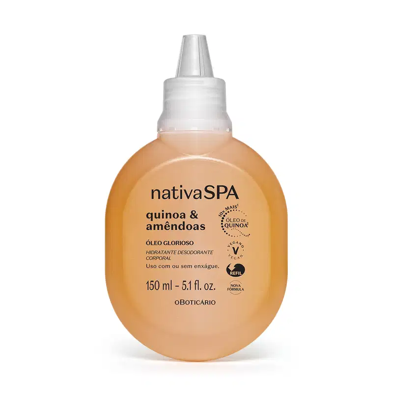 Imagem de uma embalagem refil na cor amarela com tampa branca contendo150ml de óleo glorioso corporal da marca Nativa SPA Quinoa e Amêndoas.