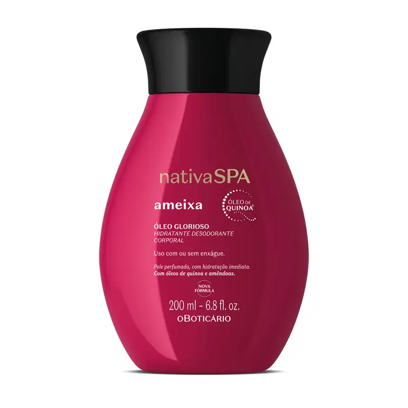 Imagem de um frasco de óleo glorioso hidratante corporal da marca Nativa SPA, na cor vermelha, com rótulo em letras brancas exibindo o nome "Ameixa" e informações sobre o produto.
