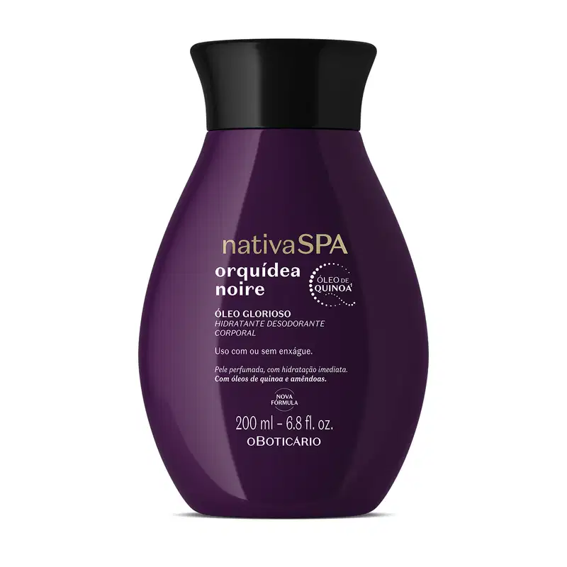 Imagem de um frasco de óleo glorioso hidratante corporal da marca Nativa SPA, na cor roxa escura, com rótulo em letras douradas exibindo o nome "Orquídea Noire" e informações sobre o produto.