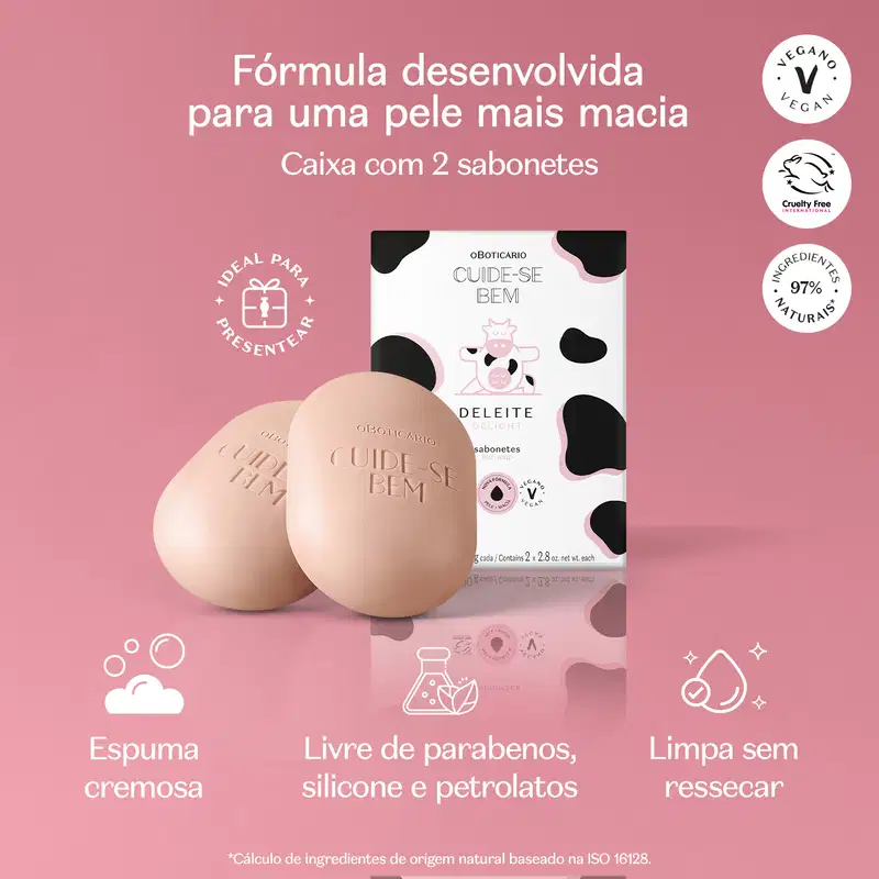 Imagem de caixa branca com manchas pretas e detalhes rosa da marca Cuide-se Bem Deleite e dois sabonetes em barra em tom rosado da mesma marca em fundo rosa com texto branco mostrando os beneficios do produto.