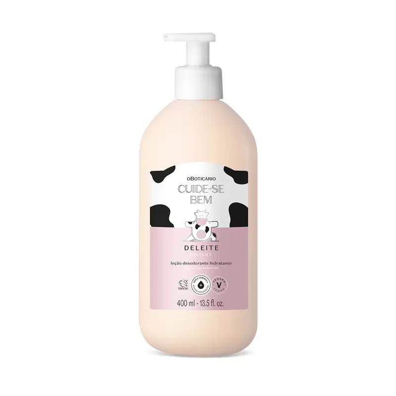 Frasco branco com bomba dosadora e rótulo branco e rosa com manchas pretas e ilustração de vaca contendo 400ml de loção hidratante corporal da marca Cuide-se Bem Deleite.