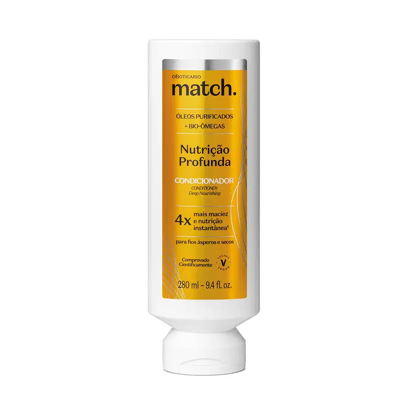 Imagem de um frasco branco do Condicionador Match Fonte da Nutrição contendo rótulo laranja com detalhe prateado e informações sobre o produto e seus benefícios impressas em letras amarelas e pretas.