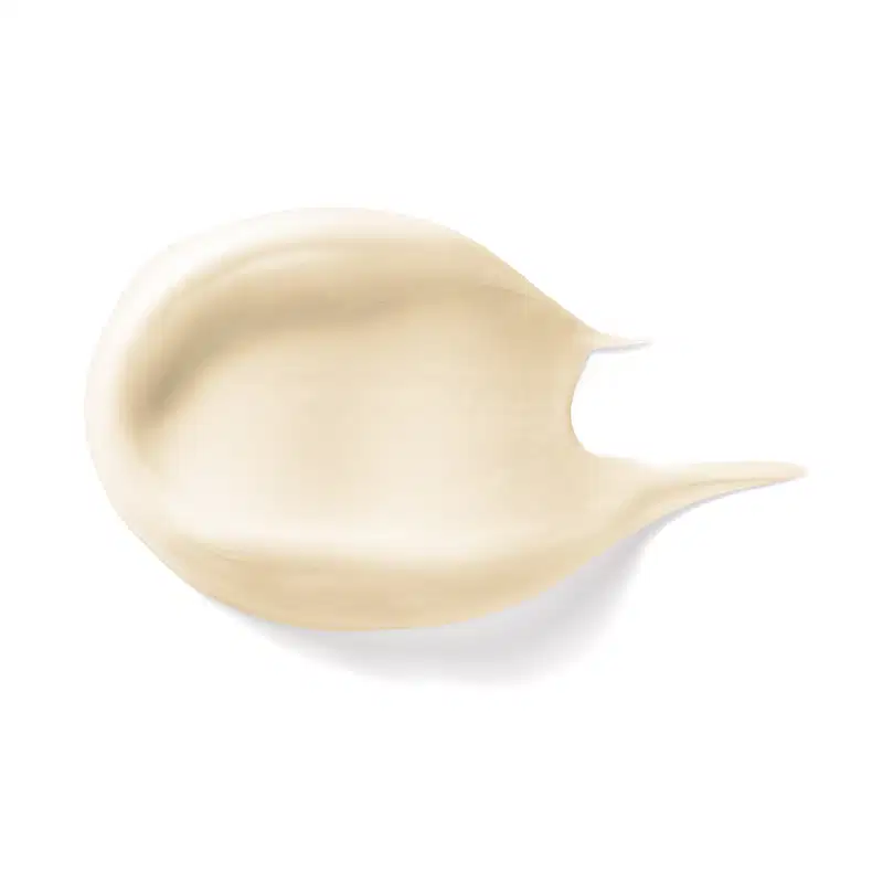 Imagem da textura cremosa e brilhante e cor branca do creme acetinado corporal da marca Lily espalhado com superfície lisa e uniforme.