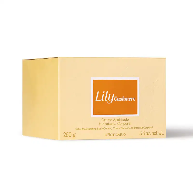Imagem de uma caixa amarela com rótulo laranja e logotipo da marca Lily Cashmere contendo creme hidratante corporal em embalagem branca com tampa dourada de 250g.