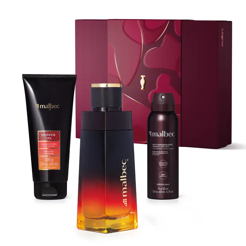 Kit de produtos da marca Malbec X, incluindo frasco de desodorante colônia preto e dourado, bisnaga de gel de banho preta com rótulo vermelho, embalagem preta com letras douradas de antitranspirante aerossol jato seco e caixa vinho com detalhe dourado.