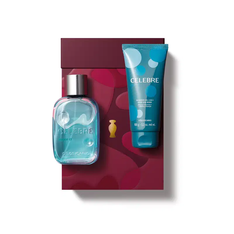 Produtos da marca Celebre, sendo uma bisnaga azul com bolas azul-claro com 100g de shower gel 2 em 1 e um vidro transparente com líquido azul claro e tampa prateada de desodorante colônia da linha Celebre Agora, além de caixa vermelha com detalhe dourado.