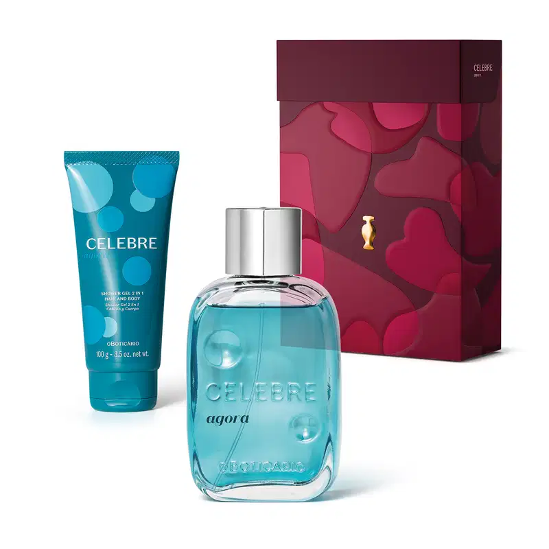Produtos da marca Celebre, sendo uma bisnaga azul com bolas azul-claro com 100g de shower gel 2 em 1 e um vidro transparente com líquido azul claro e tampa prateada de desodorante colônia da linha Celebre Agora, além de caixa vermelha com detalhe dourado.