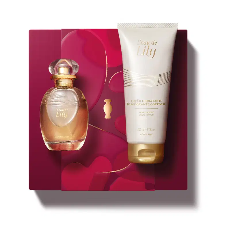 Kit de produtos da marca Lily, incluindo um frasco com líquido rosa e detalhes dourados de desodorante colônia e um tubo branco com dourado de loção hidratante corporal, acompanhados de uma caixa vinho com detalhes dourados.