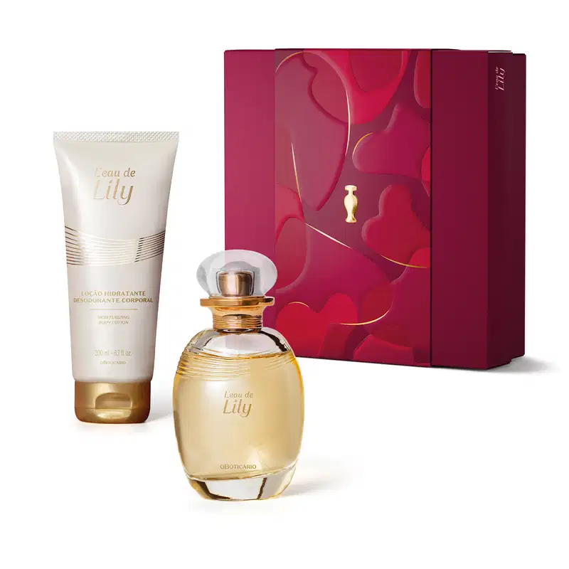 Kit de produtos da marca Lily, incluindo um frasco com líquido rosa e detalhes dourados de desodorante colônia e um tubo branco com dourado de loção hidratante corporal, acompanhados de uma caixa vinho com detalhes dourados.