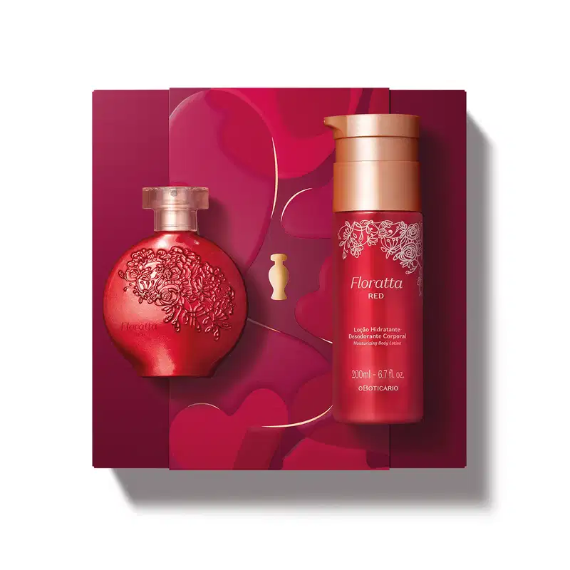 Kit de produtos Floratta Red, incluindo um frasco vermelho com tampa dourada de loção hidratante corporal e um desodorante colônia, em embalagem vermelha arredondada com detalhes florais em relevo, além de uma caixa vinho com detalhe dourado