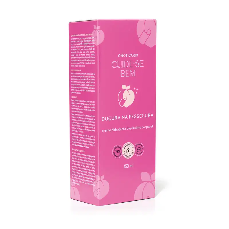 Caixa pink de creme hidratante depilatório corporal da marca Cuide-se bem Doçura na Pessegura com ilustrações de frutas.